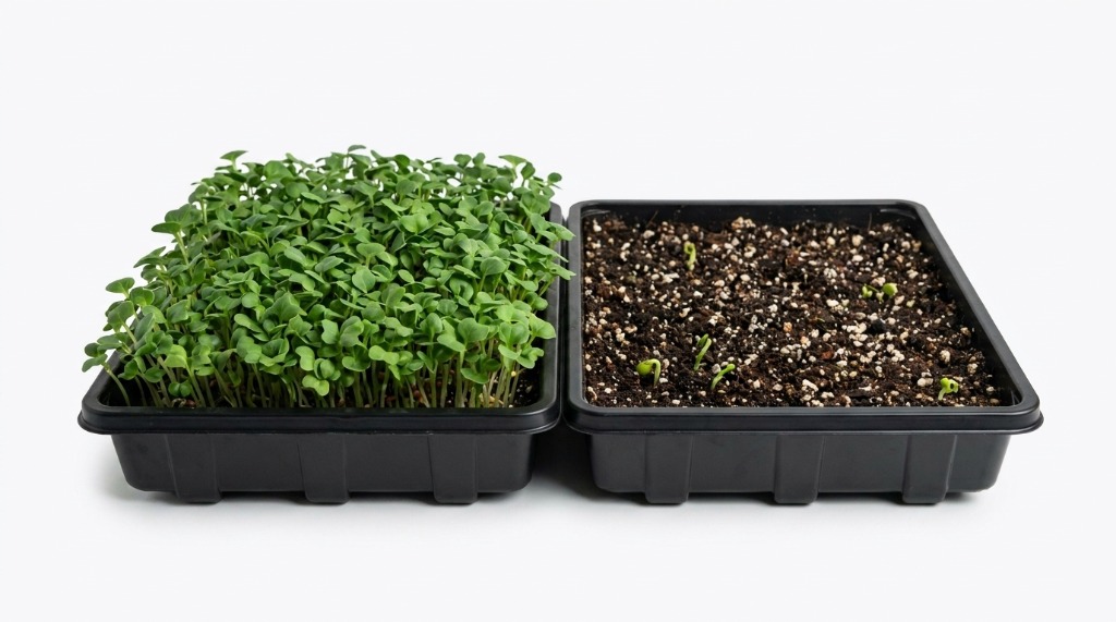 Mikrožalumynų auginimo dėžutės vertikaliame GreenBoost ūkyje